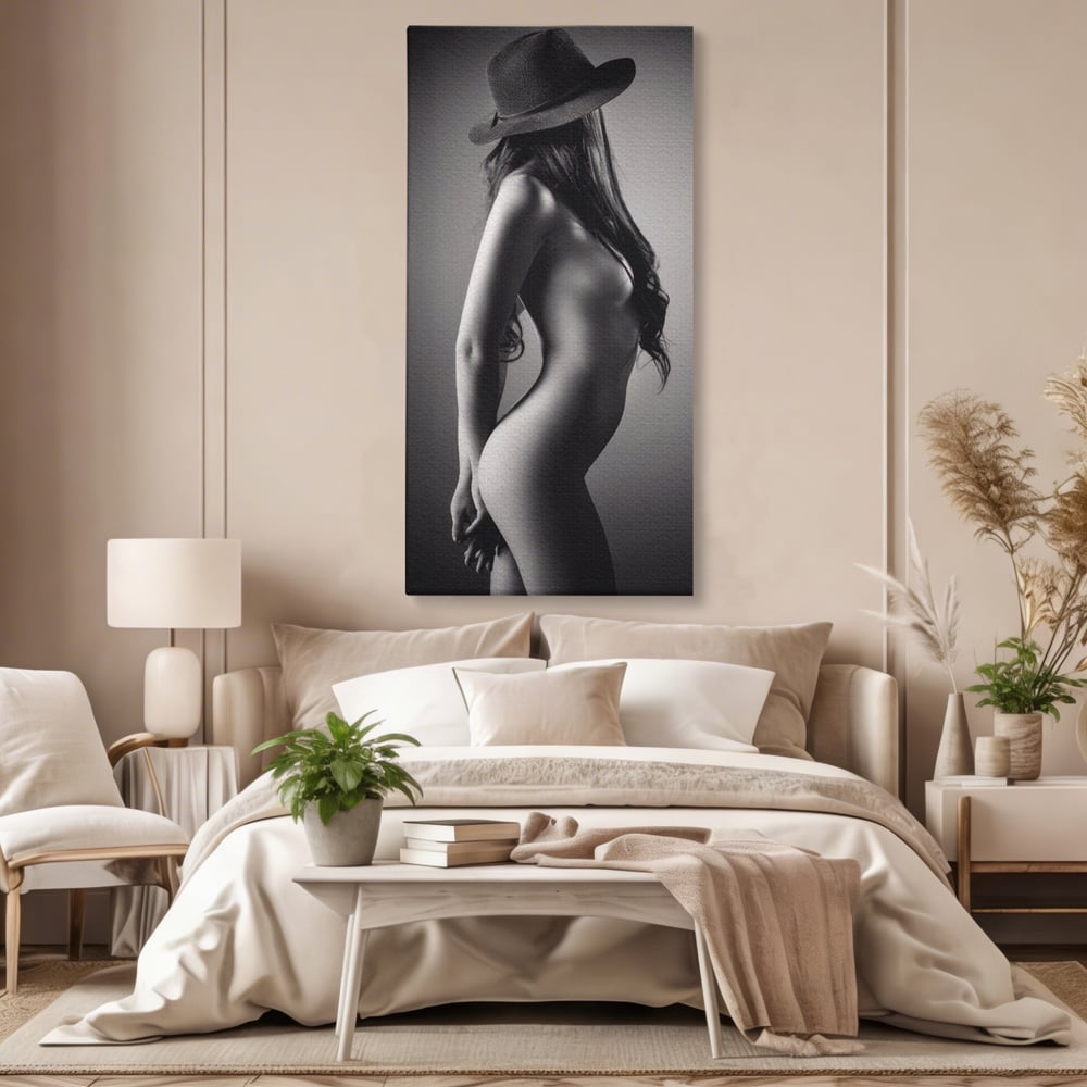 Tablou canvas cu tablou canvas cu silueta de femeie, fara rama, pe sasiu de lemn, pe perete intr-un dormitor
